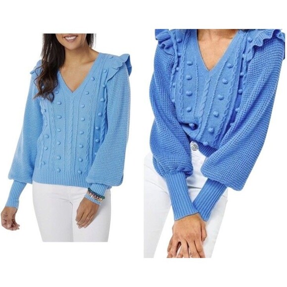 Lilly Pulitzer Greta Size L V-Neck Cable Knit Sweater Blue Boho Feminine Ruffle - Picture 1 of 16